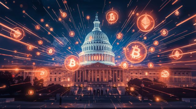 A futuristic depiction of the United States Capitol building surrounded by glowing Bitcoin, Ethereum, and blockchain symbols, with the words “Going Big on Crypto” in bold light trails across the sky, symbolizing U.S. government embracing cryptocurrency, digital art style with a high-tech and vibrant color palette.