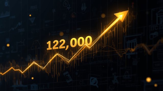 “Create a bold financial infographic of Bitcoin's 122-day bull run above $100K: feature a rising candlestick chart with a bright gold ‘$100K’ support line that transforms into a pillar of strength. Overlay subtle annotations like ‘122 Days Holding’, plus visual cues like tight green candles, bullish volume bars, and forward-pointing arrows. Style it with a high-contrast modern palette (dark background, neon green and gold highlights), reminiscent of a market dashboard.”