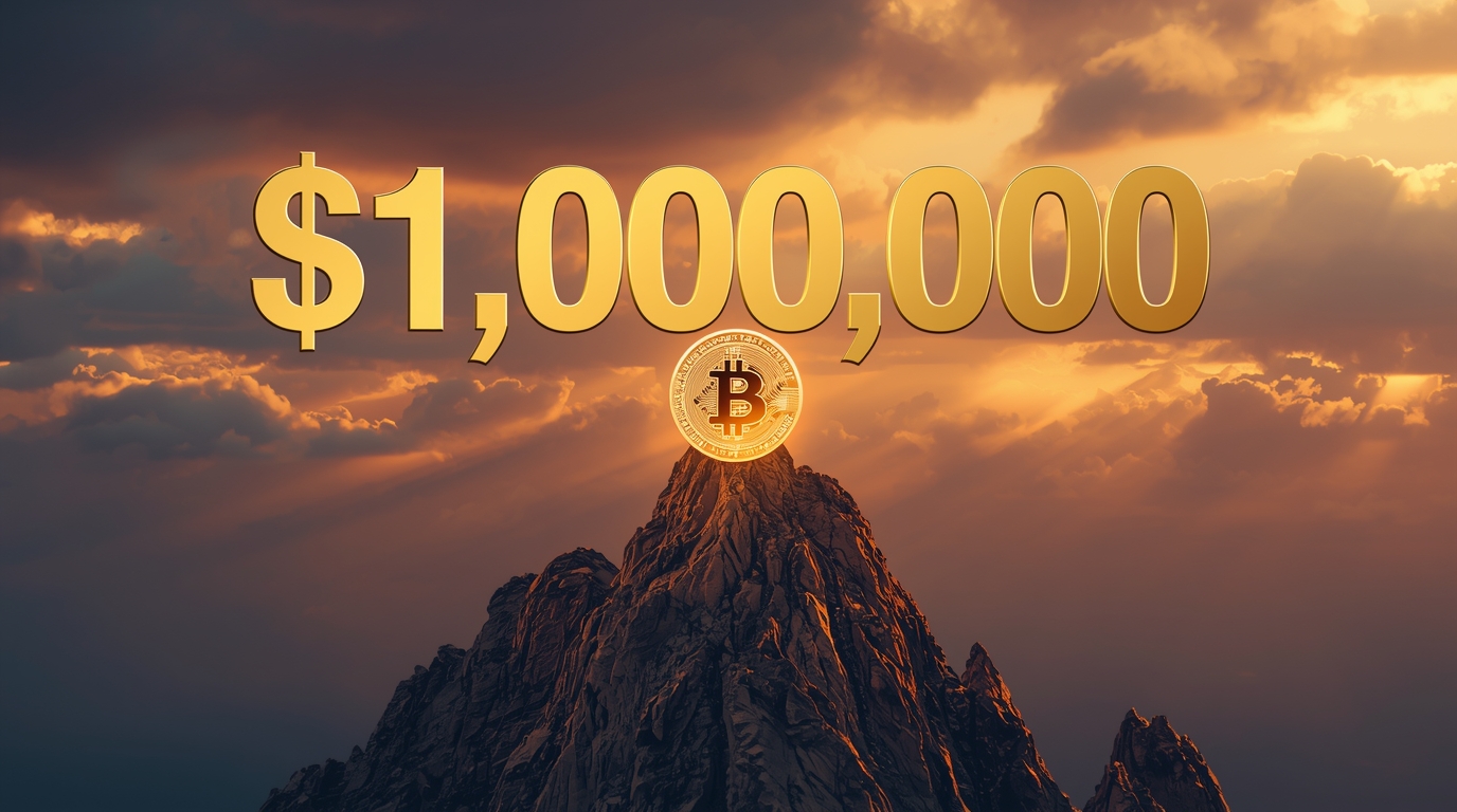 “A lone Bitcoin coin perched on the summit of a tall, jagged peak at sunset, bathed in golden light, with a gigantic “$1,000,000” numeral floating above it in glowing typography; dramatic clouds, rays of light breaking through; sense of ambition, epic scale.”