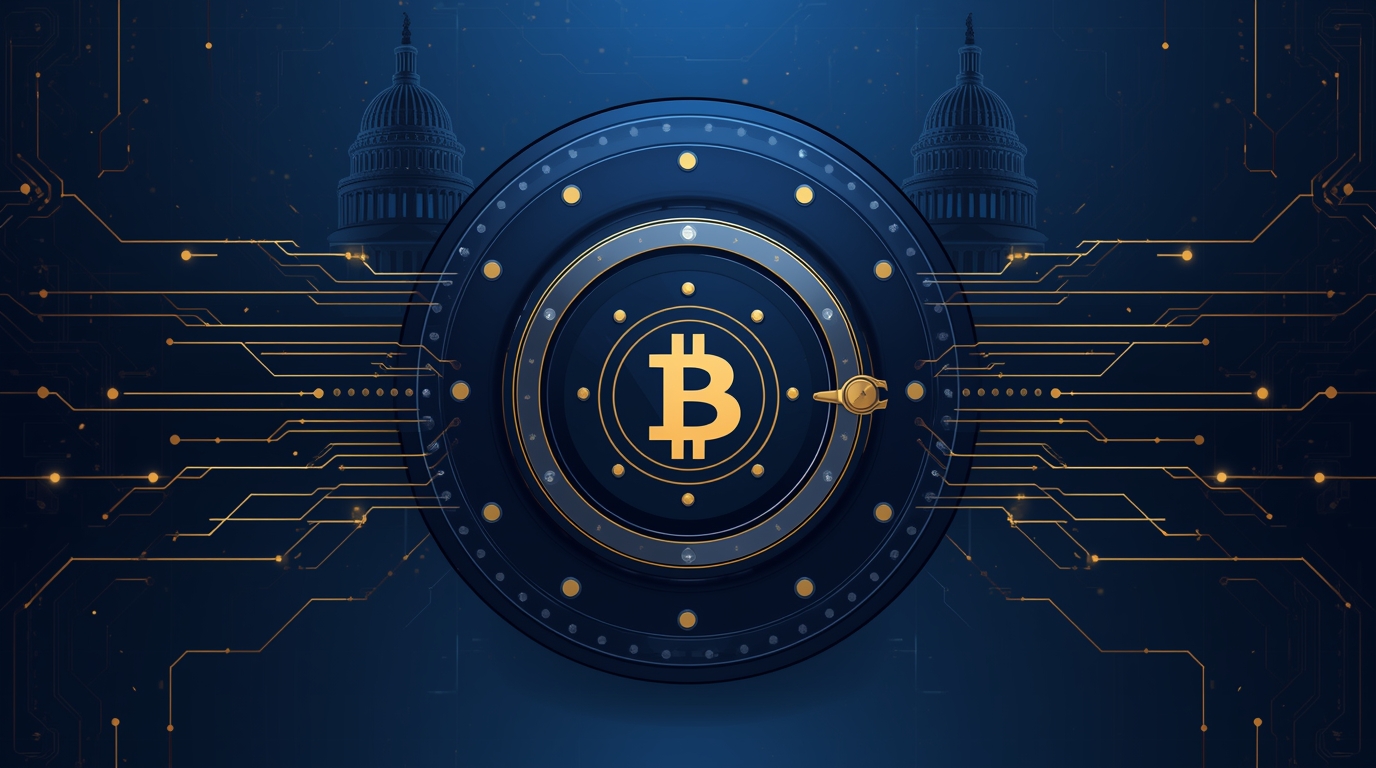 Create a sleek, modern illustration featuring a vault door marked with a prominent Bitcoin symbol, evoking the idea of "digital Fort Knox." Surround it with subtle U.S. government motifs—think a silhouette of the Capitol dome or Treasury building in the background. Use design elements like a secure lock, digital circuitry, or glowing lines to imply high-level cybersecurity and financial strategy. Opt for a refined palette with navy blue, gold, and metallic accents to represent governmental authority and value.