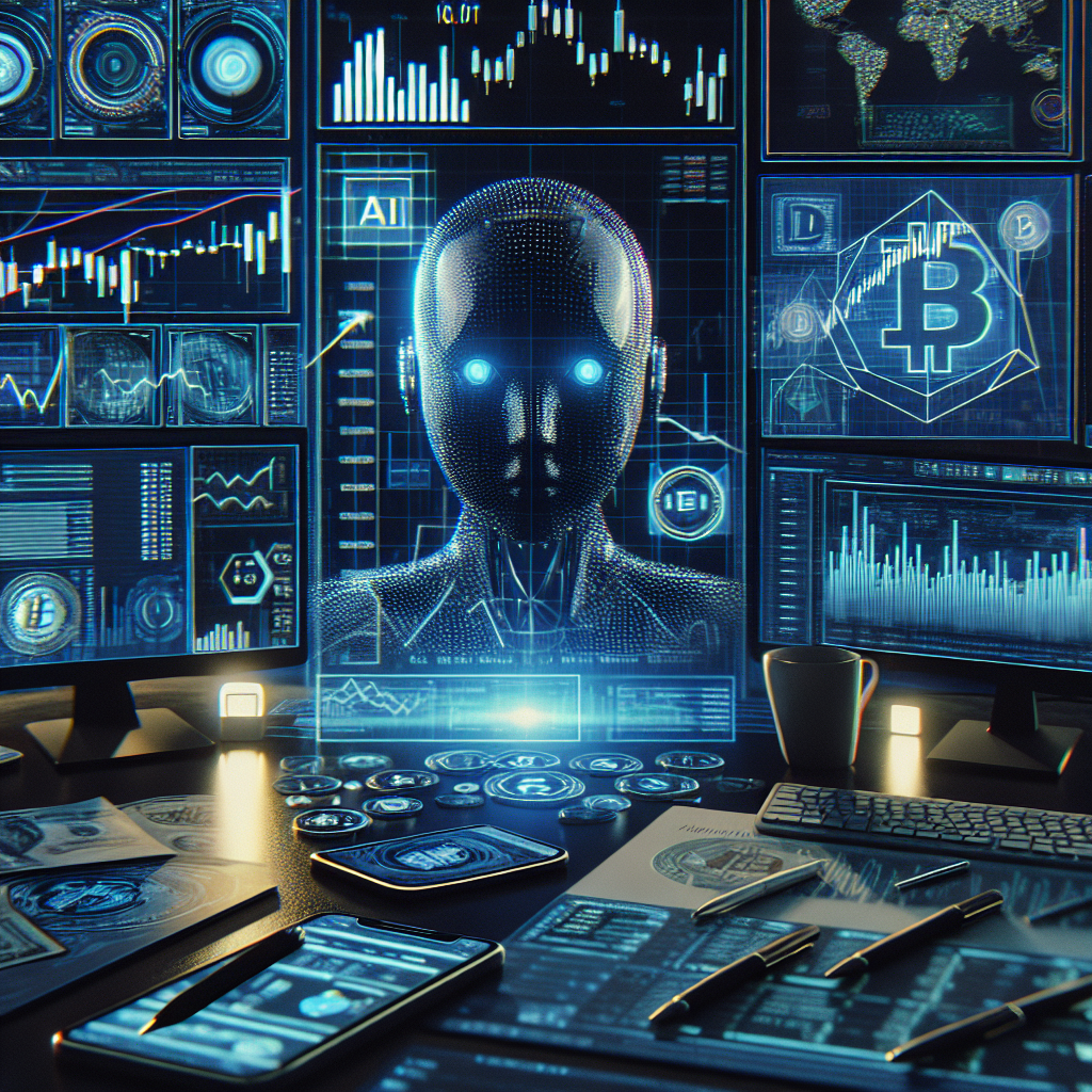 Generate an image in landscape orientation with a 16:9 aspect ratio, composed in a cinematic wide-angle style and of high resolution. The image should depict a scene of artificial intelligence (AI) analyzing cryptocurrency markets. Use elements like detailed and realistic cryptocurrency charts, financial dashboards, and tools meant for AI trading to create the impression of an institutional trading environment. Maintain a dark fintech aesthetic to reflect the financial technology aspect. Ensure there is no text overlay, logos, and watermarks on the image.