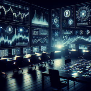 Generate an image following a cinematic wide-angle composition, high resolution, and in a landscape orientation with a 16:9 aspect ratio. The image should reflect a dark fintech aesthetic scene in the style of an institutional trading environment. It should include elements such as AI crypto analysis, crypto sentiment analysis, and AI trading tools, presented in the form of realistic cryptocurrency charts, data graph visualizations, and financial dashboards. Subtle lighting can accentuate the intense atmosphere of this data-driven environment. Please avoid the inclusion of any text overlay, logos, or watermarks.