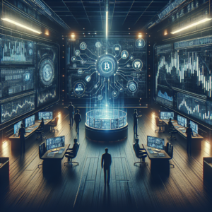 Create a landscape-oriented, 16:9 aspect ratio image in high resolution and a cinematic wide-angle composition. This is to be designed in a blog banner style, using a dark fintech aesthetic. The scene should depict an institutional trading environment focused around cryptocurrency. Illustrations should include realistic-looking cryptocurrency charts and financial dashboards that reflect AI crypto analysis and crypto sentiment analysis. Make the algorithms behind the AI trading tools visible, and make it look like they are actively engaged in analyzing and processing the cryptocurrency market data. Avoid including any text overlays, logos or watermarks in the image.