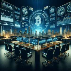 Design a high resolution, landscape-oriented image in a 16:9 aspect ratio that reflects the future of Bitcoin in 2026. The image should be in the style of a wide horizontal blog banner and have a cinematic wide-angle composition. The setting should be of an institutional trading environment featuring elements such as detailed and realistic cryptocurrency charts, financial dashboards, and tools that indicate btc risk management. Maintain a dark aesthetic synonymous with fintech environments. No text overlay, logos, or watermarks are to be included in this image.