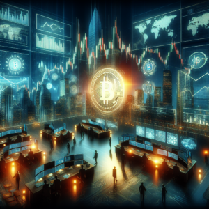 Create a detailed image in landscape orientation with 16:9 aspect ratio, in the style of a wide horizontal blog banner. The composition should be in a cinematic wide-angle style and in high resolution. Depict a scene that reflects a realistic focus on Bitcoin technical analysis and risk management. This should be portrayed through the incorporation of intricate cryptocurrency charts, detailed financial dashboards, representative symbols of an institutional trading environment, and should exude a dark fintech aesthetic. Ensure there are no text overlays, logos, or watermarks in the image.