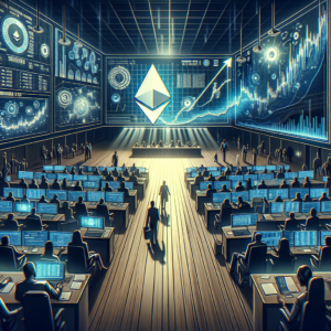 Create a detailed banner-style image in landscape orientation with a 16:9 aspect ratio and cinematic wide-angle composition. The scene should depict a high-resolution snapshot of the Ethereum Ecosystem's expansion. Evidence of this growth should be demonstrated through visual representations of Ethereum staking analysis and the thriving Layer 2 ecosystem. The image should include viewable aspects of realistic cryptocurrency charts and financial dashboards reflecting the Ethereum currency. The atmosphere should resemble that of an institutional trading environment with a dominant dark fintech aesthetic. Please ensure the image does not include any text overlays, logos, or watermarks.