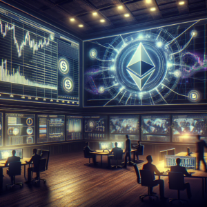 Create a landscape-oriented, 16:9 aspect ratio image in the style of a high-resolution, cinematic, wide-angle blog banner, illustrating the continued growth of the Ethereum Ecosystem. This should include visually realistic images of cryptocurrency charts and financial dashboards indicative of increased Ethereum staking and layer 2 ecosystem expansion. The overall aesthetic of the image should have a dark fintech color palette, implementing the institutional trading environment. However, ensure there are no text overlays, logo inclusion or watermarks within the image.