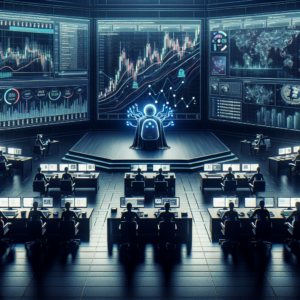 Create a detailed, high-resolution image in a 16:9 landscape format that represents the role of AI in unmasking cryptocurrency manipulation, which is fitting as a wide horizontal blog banner. Compose the image with a cinematic wide-angle perspective. The scene should convey a dark fintech aesthetic indicative of an institutional trading environment. Detailed elements may include realistic cryptocurrency charts, financial dashboards, and visual representations of AI-powered analytics pointing out suspicious trading patterns, but should avoid the inclusion of text overlays, logos, or watermarks.