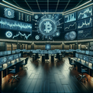 Create a high-resolution, landscape-orientated image with a 16:9 aspect ratio. The image should depict a cinematic wide-angle composition of an institutional trading environment, styled with a dark fintech aesthetic. Within this setting, incorporate realistic cryptocurrency charts and financial dashboards to veritably represent a busy trading floor. Emphasize elements of artificial intelligence and technology being used to detect and mitigate risks in crypto trading, particularly focusing on spotting patterns of manipulation such as 'pump and dump' schemes.