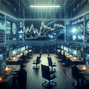 Create a landscape-oriented, high-resolution image with 16:9 aspect ratio in a wide-horizontal blog banner style and cinematic wide-angle composition. The scene should reflect an institutional trading environment focused on cryptocurrency. Include detailed elements such as realistic representations of cryptocurrency charts, financial dashboards, and the strategic risk management actions involved in trading, such as position sizing. The aesthetics should lean towards a dark fintech theme, capturing the technical ambiance of a professional trading floor. The design should be without any text overlay, logos or watermarks, adhering to a clean, streamlined look.