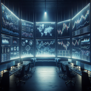 Create a cinematic, landscape-oriented image in a 16:9 aspect ratio, in high resolution. The image should be in the style of a wide horizontal blog banner. The scene needs to be a detailed visual representation of crypto trading risk strategy, presenting realistic cryptocurrency charts and navigating through them. Display an institutional trading environment with conspicuous financial dashboards, showing the constant flow of numerical data, graphs, and analytical details. Use a dark fintech aesthetic, focusing on diverse screens that illuminate the room with soft, bluish light. Please ensure there are no text overlays, logos, or watermarks.