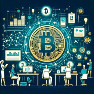 Draw a clean, professional cryptocurrency-themed illustration which captures the essence of modern financial technology. The illustration should adhere to a color palette composed predominantly of dark blue, teal, and gold. Apply a high-quality digital art style to a 16:9 landscape format. Please incorporate subtle elements of a blockchain network pattern, cryptocurrency chart elements, or digital finance visuals for innovative detailing. Create an image that reflects a corporate yet innovative feel and is of professional blog image quality. Avoid the use of text overlays, brand logos, and copyrighted symbols, but instead, focus on a photorealistic interpretation of the financial world of bitcoin.